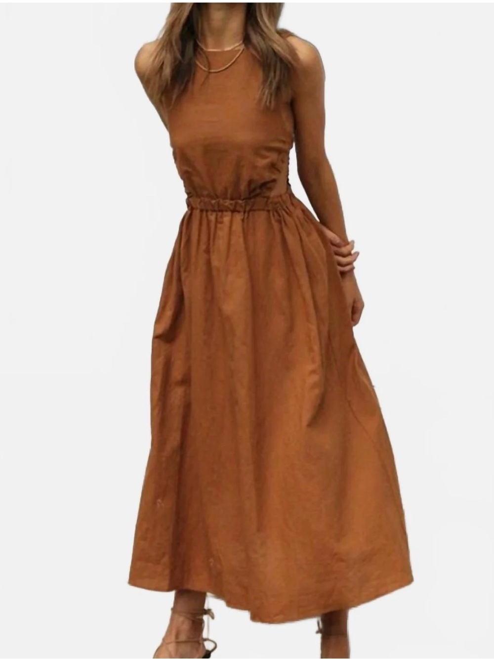 Sleeveless Cinched-Waist Maxi Dress in Rust